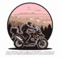 Logotipo profesional de rutasdemoto.com con montañas de fondo, ideal para web de viajes en moto y turismo en moto por España